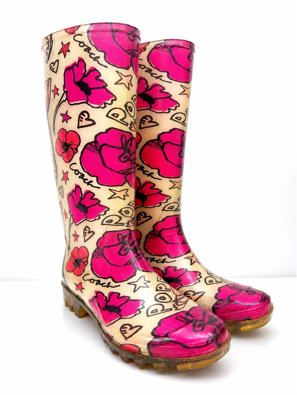 Coach Poppy Floral Rain Boots Women’s Size 8 Pink Cream Rubber Tall Boots